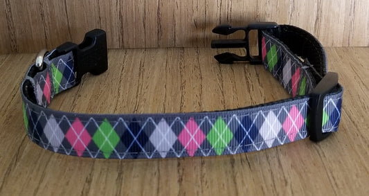 Posh Dog Collar/ Large/ Medium/ Pink & Green & Blue & Grey Argyle